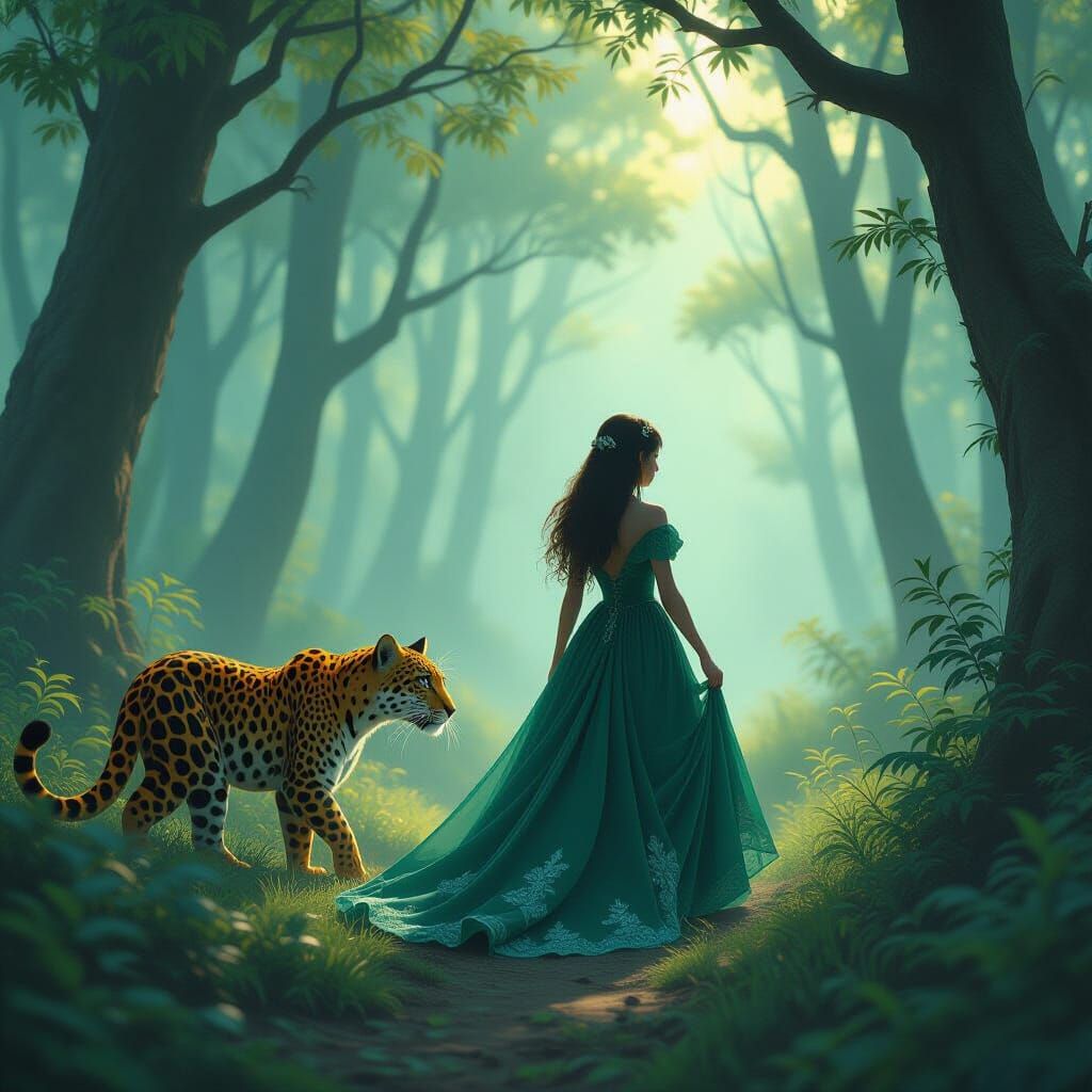 Ethereal Forest: Girl and Glowing Leopard