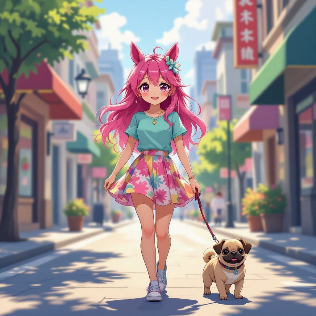 Anime Girl with Pink Hair and Horse Ears in Big City