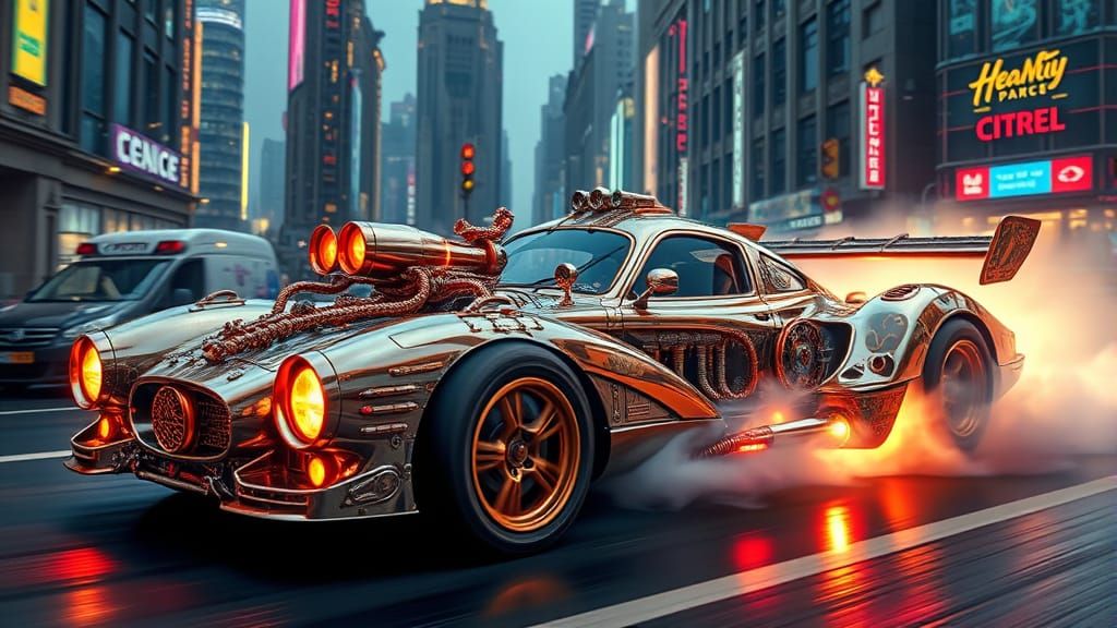 Cyberpunk Chrome and Copper Supercar Speeds Through Futurist...