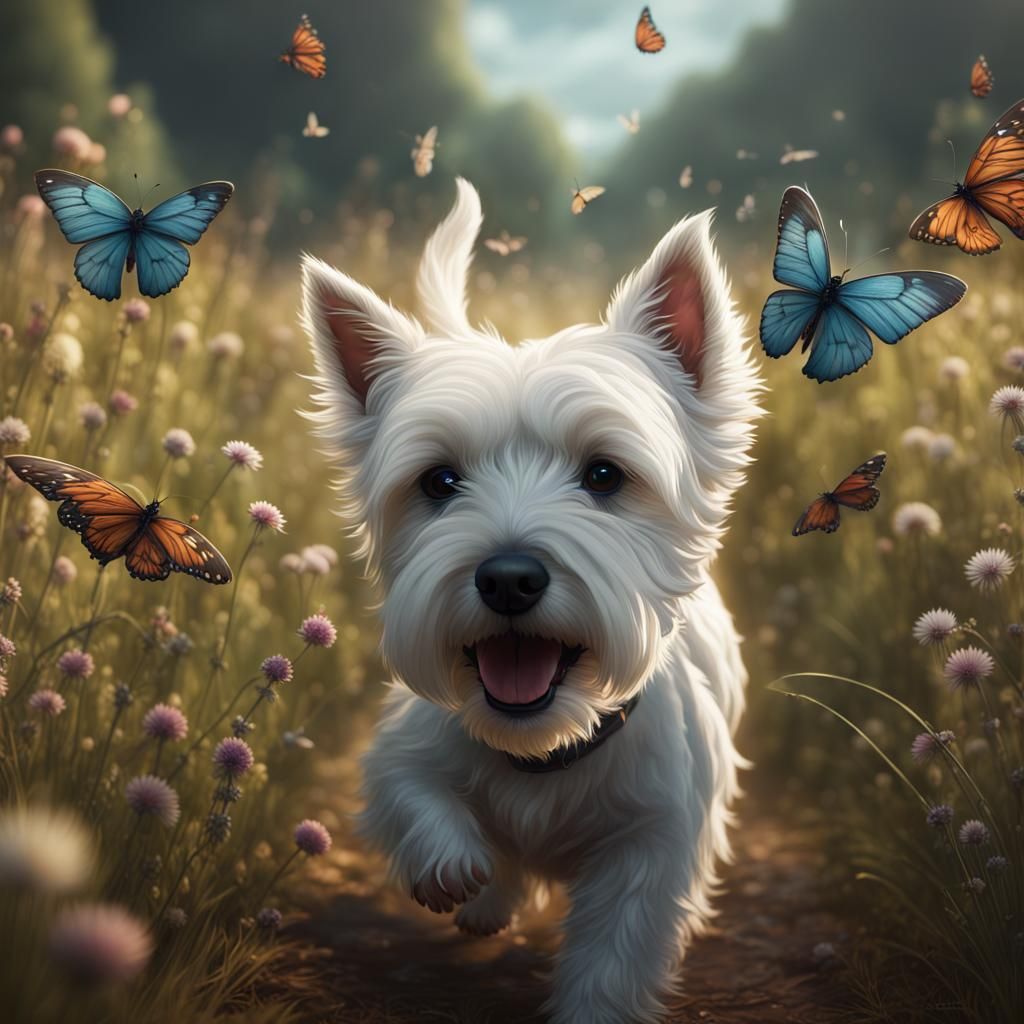 Westie's Butterfly Chase: A Fantastical Digital Painting