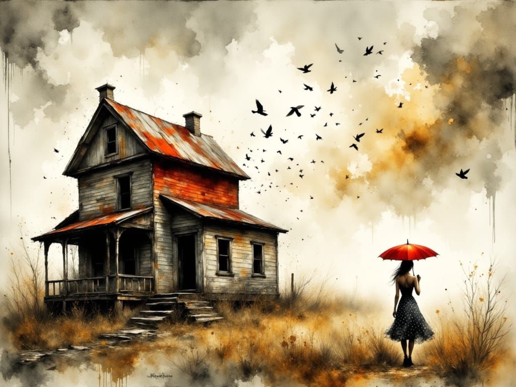 Worn House Under Swirling Sky in Digital Watercolor