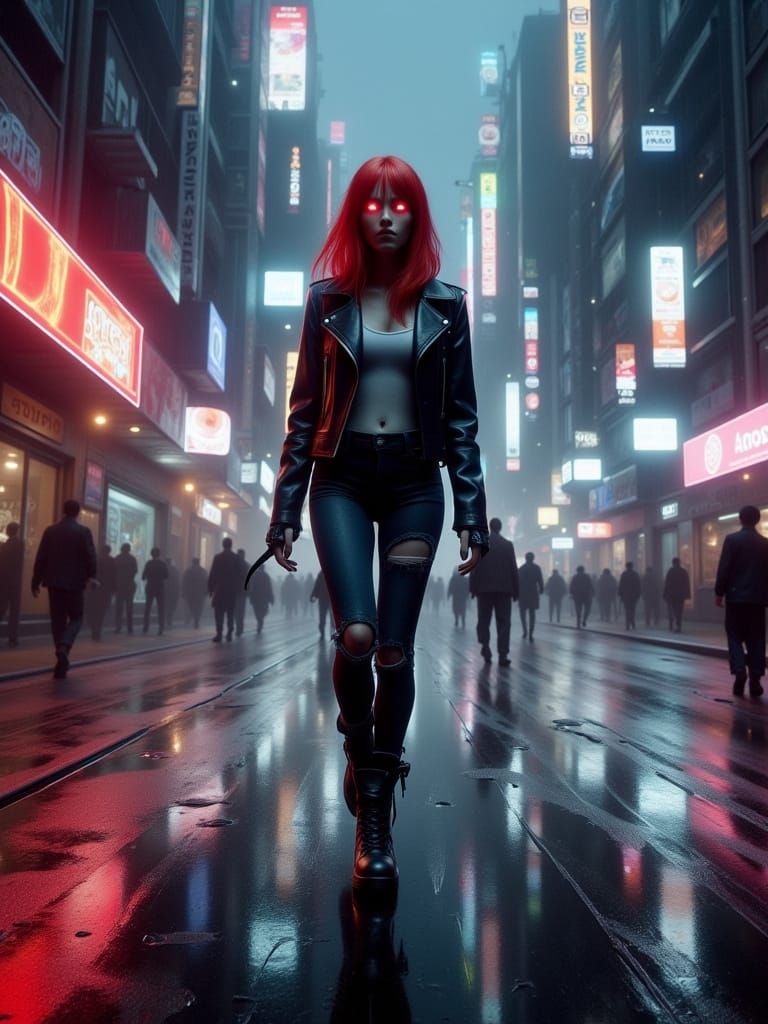 Cyberpunk Mercenary Moves Through the Rain-Soaked City Stree...