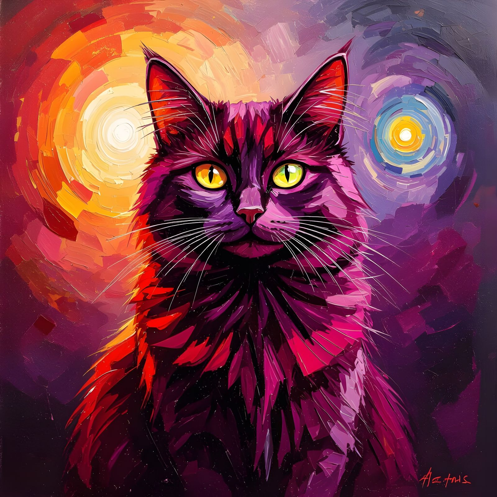 Vibrant Cat with Red and Purple Hues