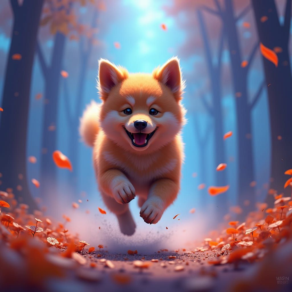 Joyful Dog Running in Dreamlike Fantasy Landscape
