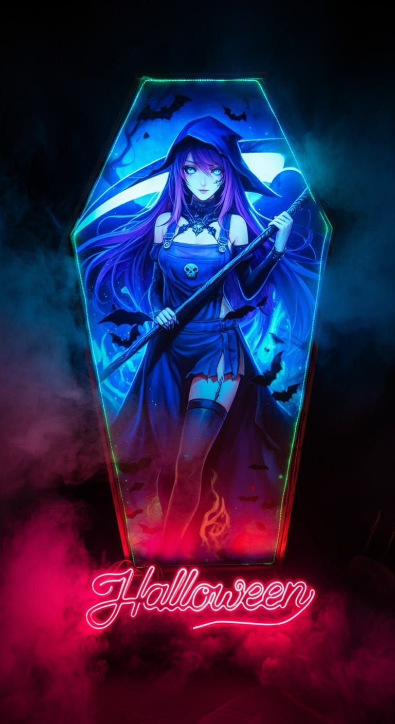 a beautiful female grim-reaper character with long purple flowing hair