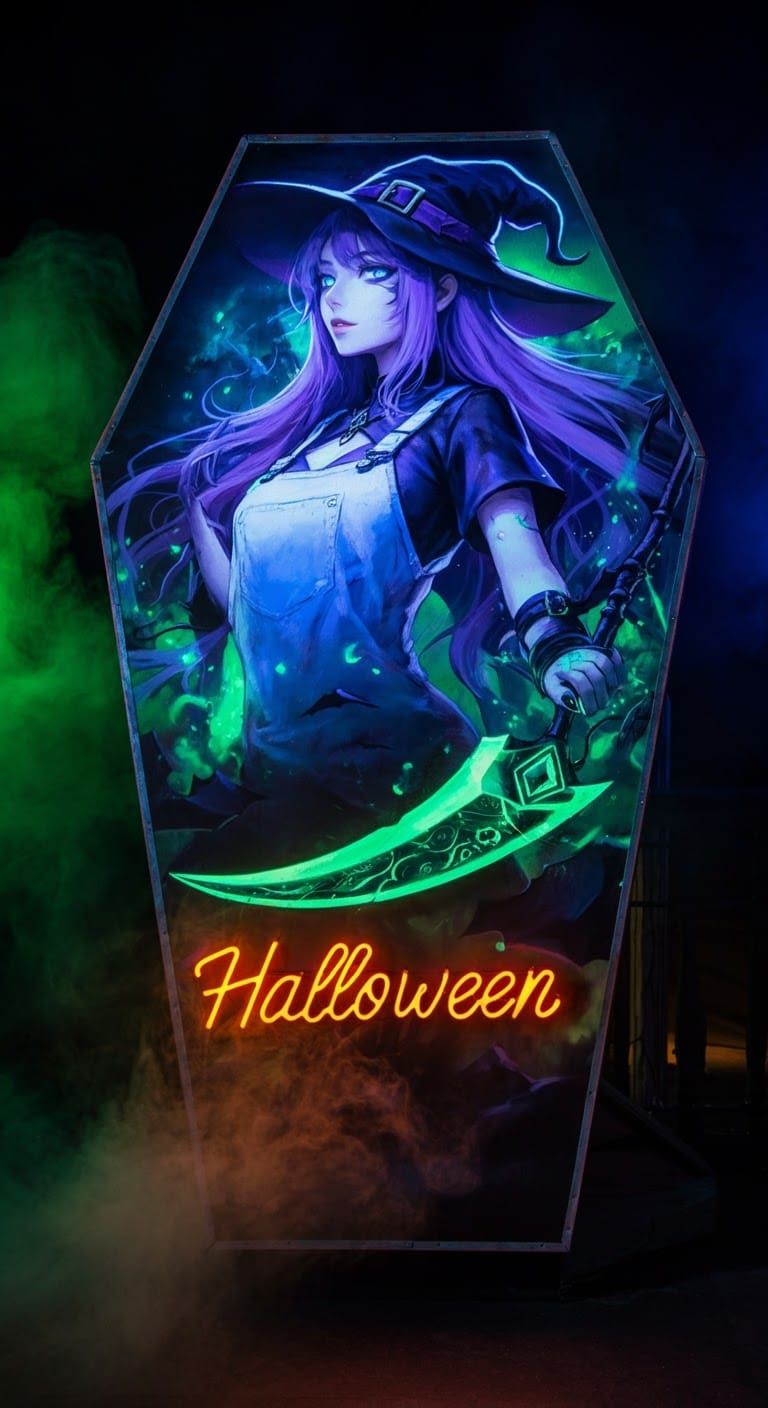 a beautiful female grim-reaper character with long purple flowing hair