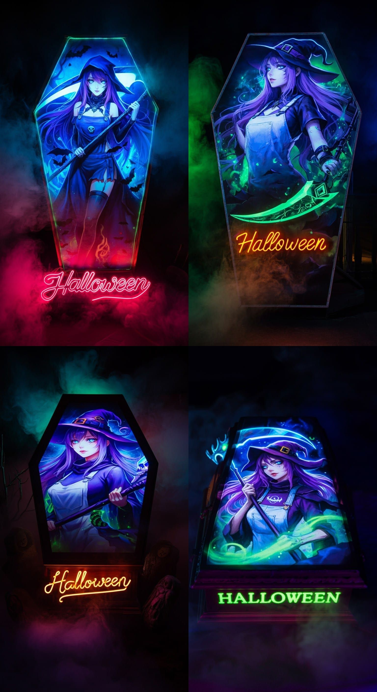 a beautiful female grim-reaper character with long purple flowing hair