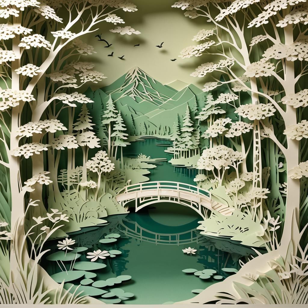 Intricate Kirigami Landscape with Pond and Bridge