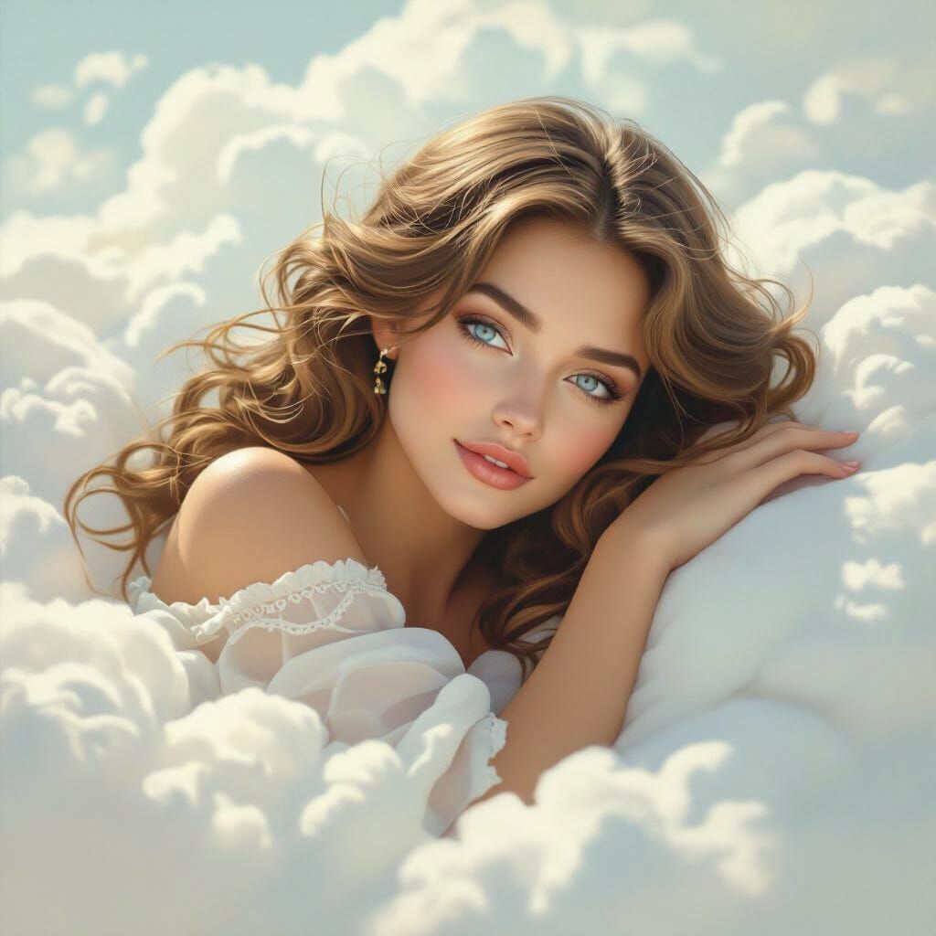 Serene Woman Resting on Cloud in Dreamlike Atmosphere