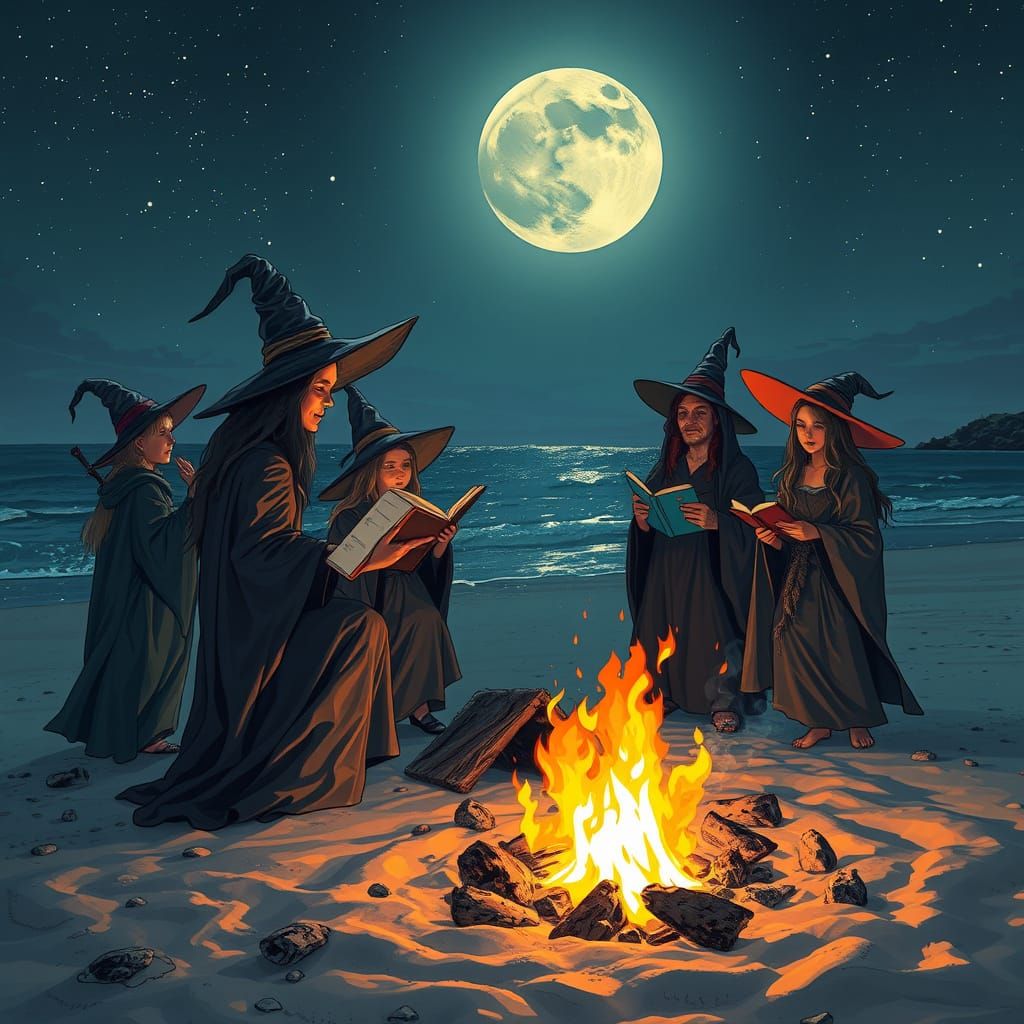 Witches' Bonfire Under Alien Skies: Rockwell-Inspired Art
