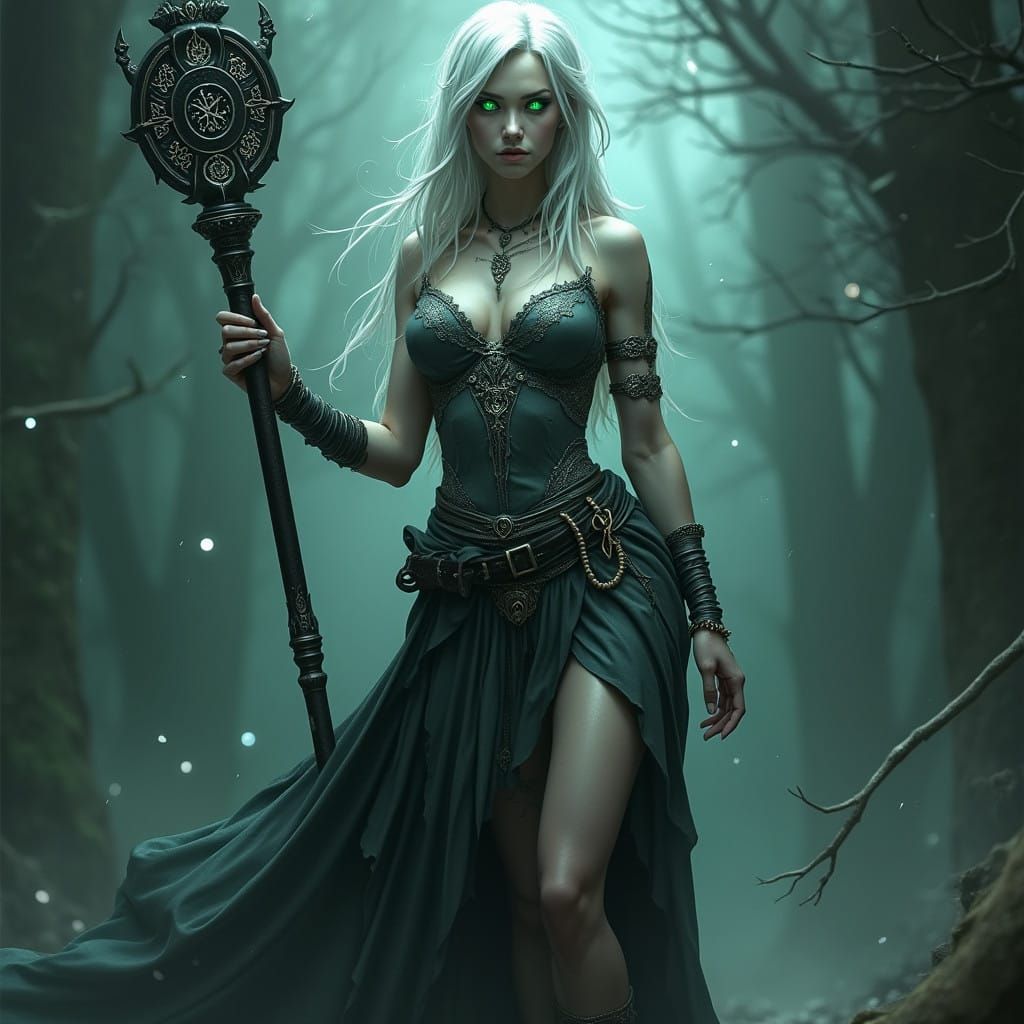 A Dark Fantasy Drow Sorceress in Iridescent Armor