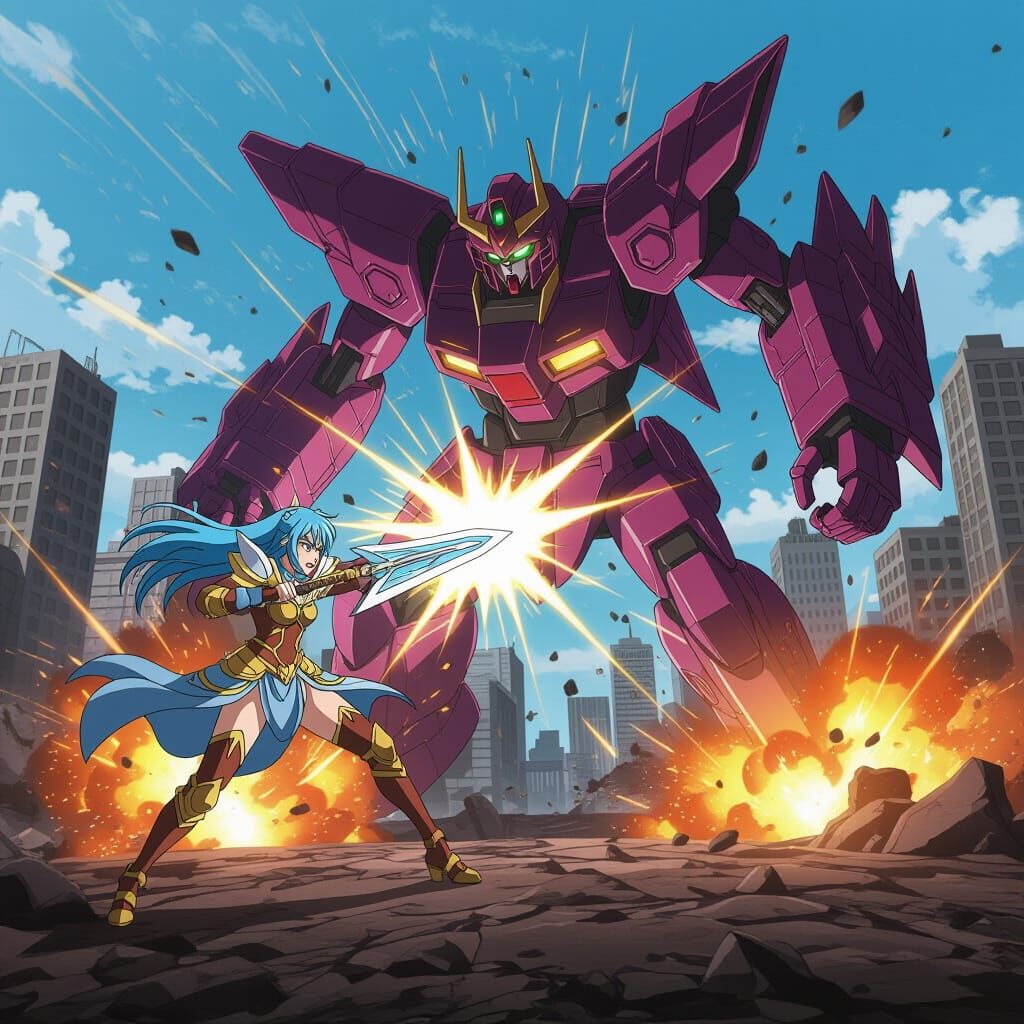 Warrior Woman Fights Demonic Robot in Anime Style