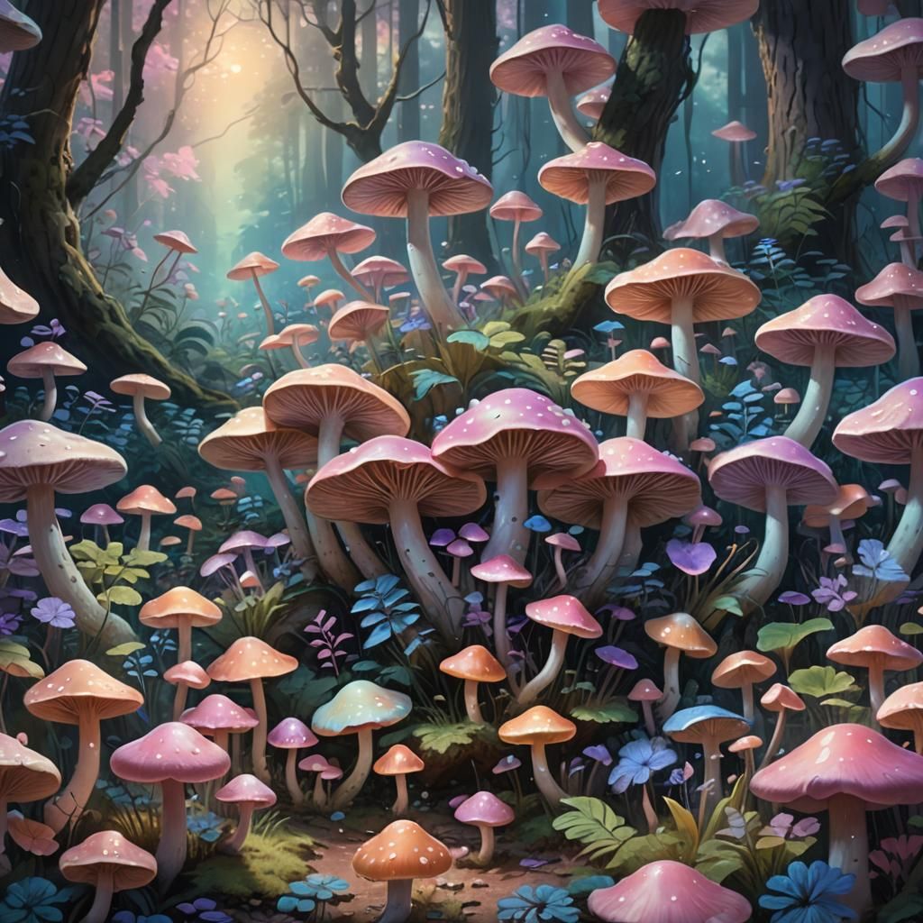 Glowing Pastel Mushrooms in Fantasy Forest