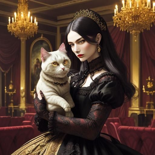 Noble Vampire with Cats: Rococo Oil Painting
