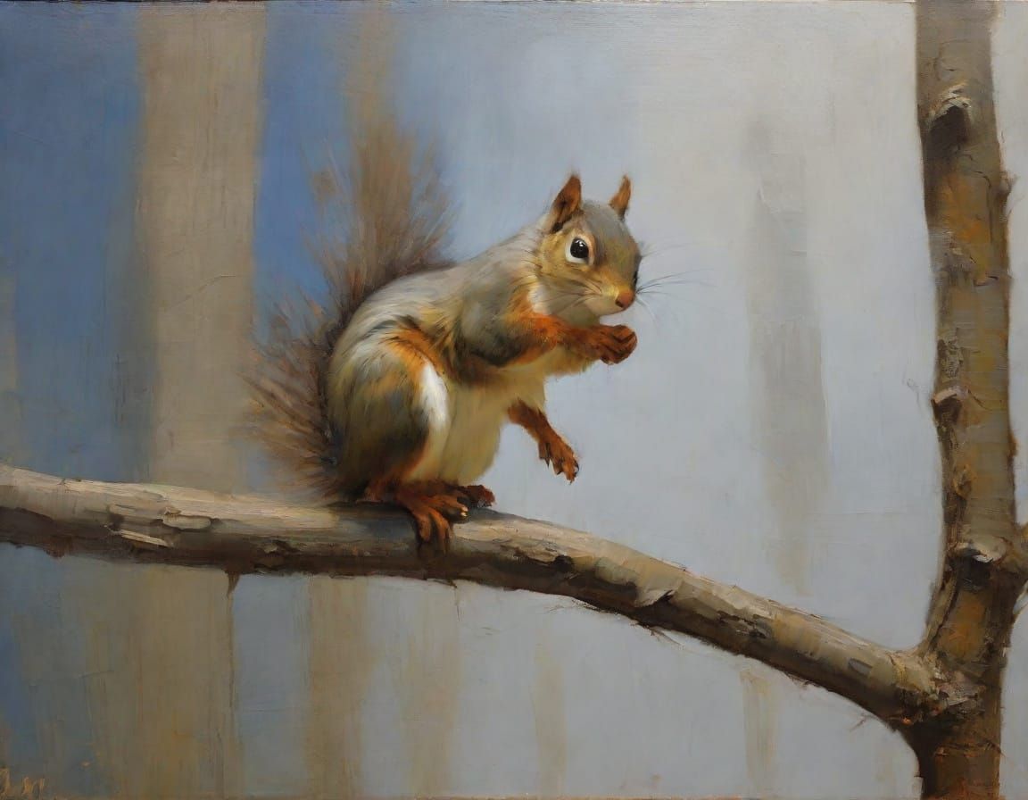 Impressionist Squirrel on Branch with Heavy Texture