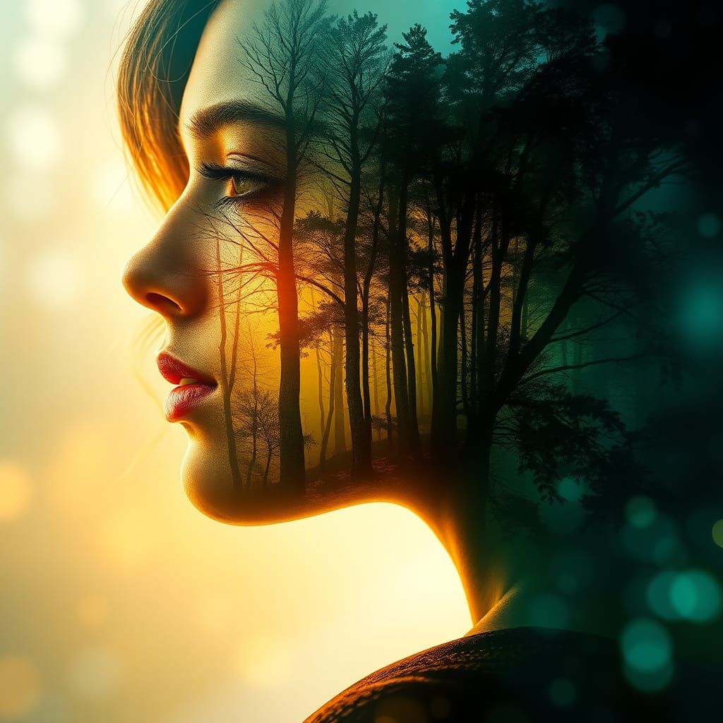 Enchanted Forest Woman Portrait with Double Exposure Effect