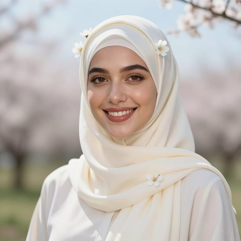 Cinematic Portrait of Woman in Silk Hijab with Spring Bokeh