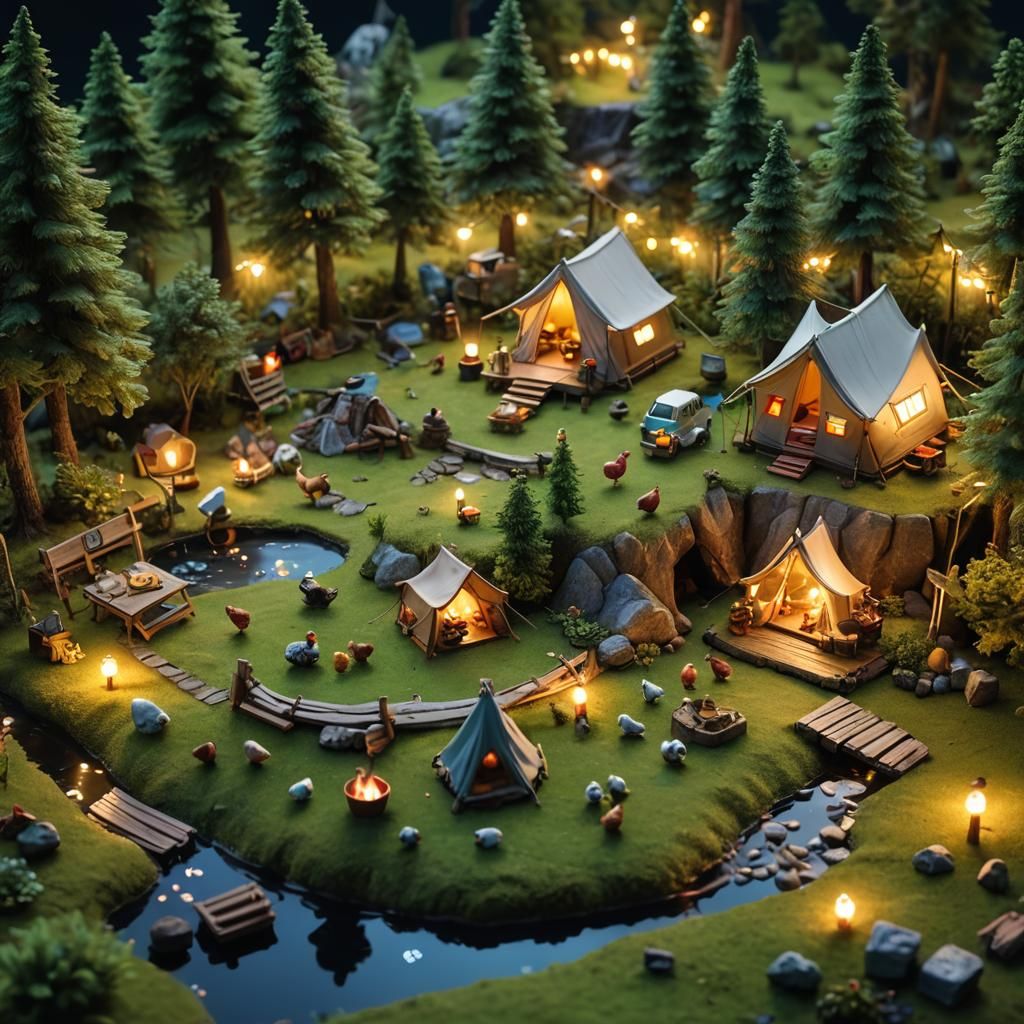 Miniature Campground Diorama with Farm Animals and Fairy Lig...