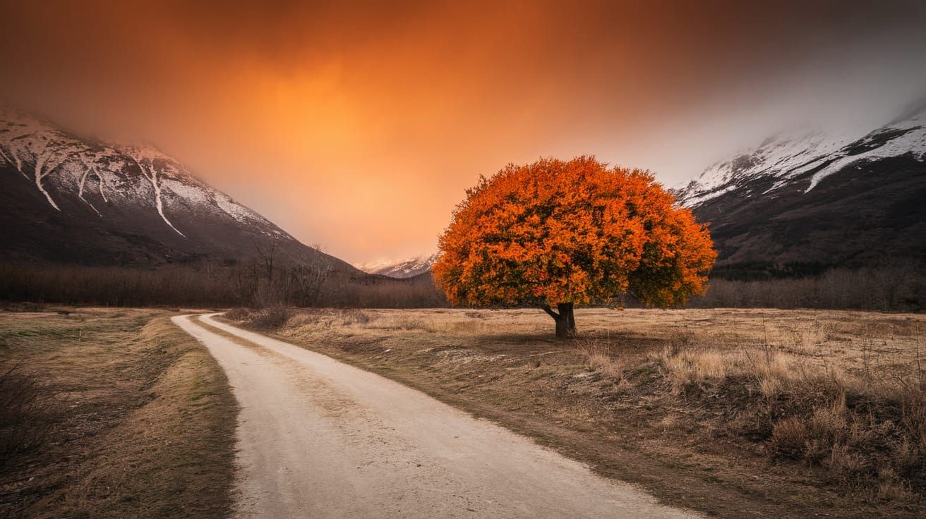 Dramatic Landscape with Winding Dirt Path and Vibrant Orange...