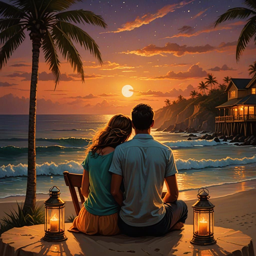 Romantic Beachside Nighttime Scene in Vibrant Color