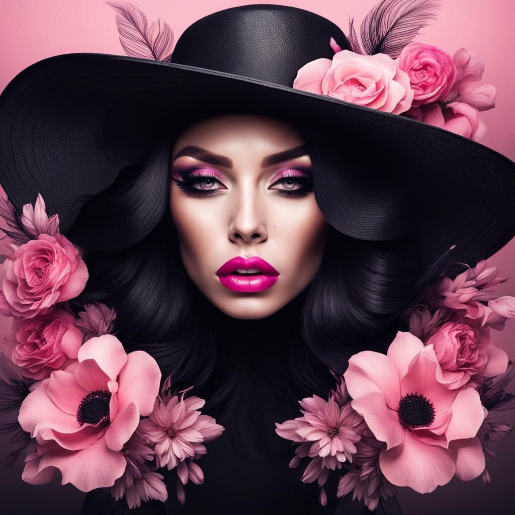 Woman with Floral Hat in Abstract Style