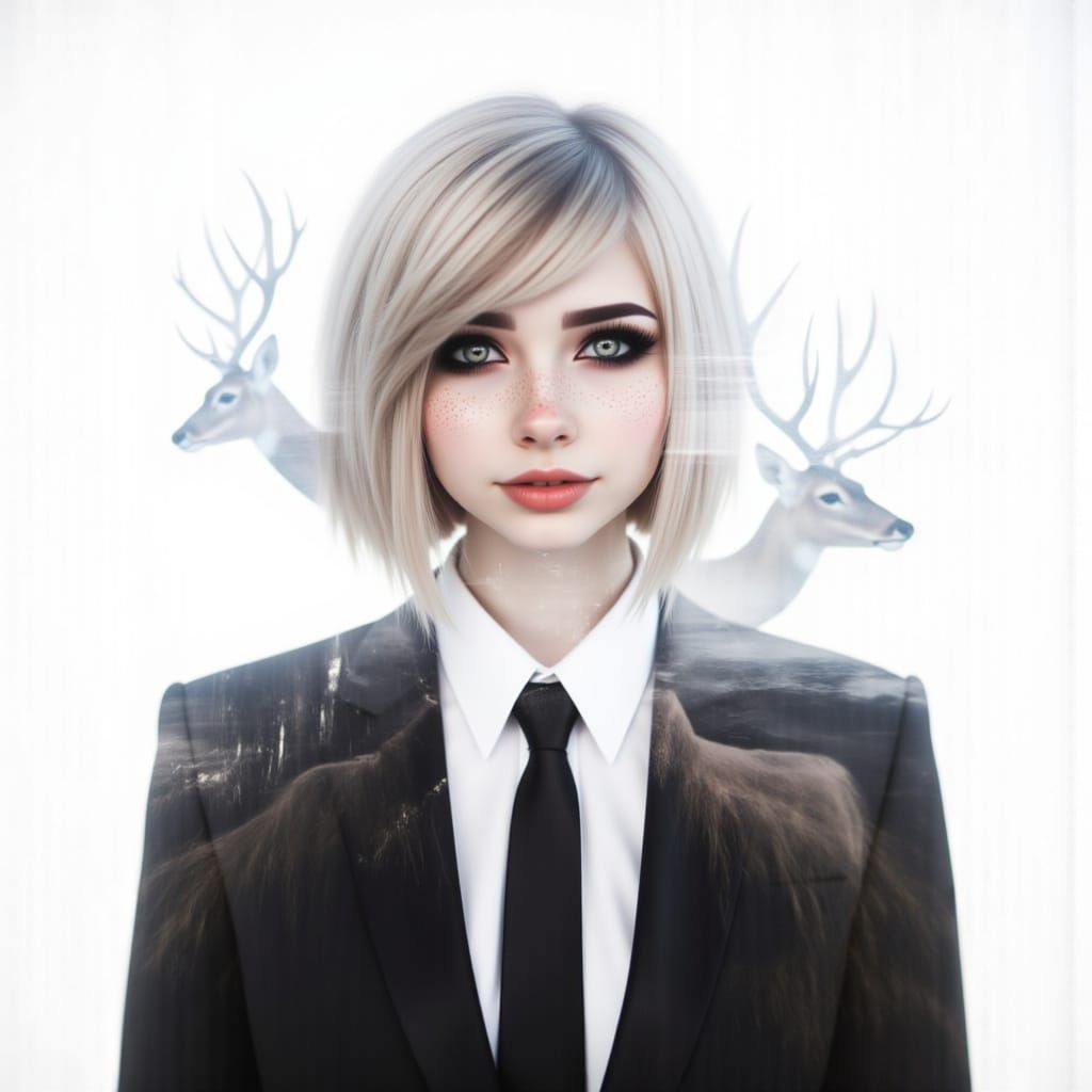 Elegant Woman with Deer Double Exposure Portrait