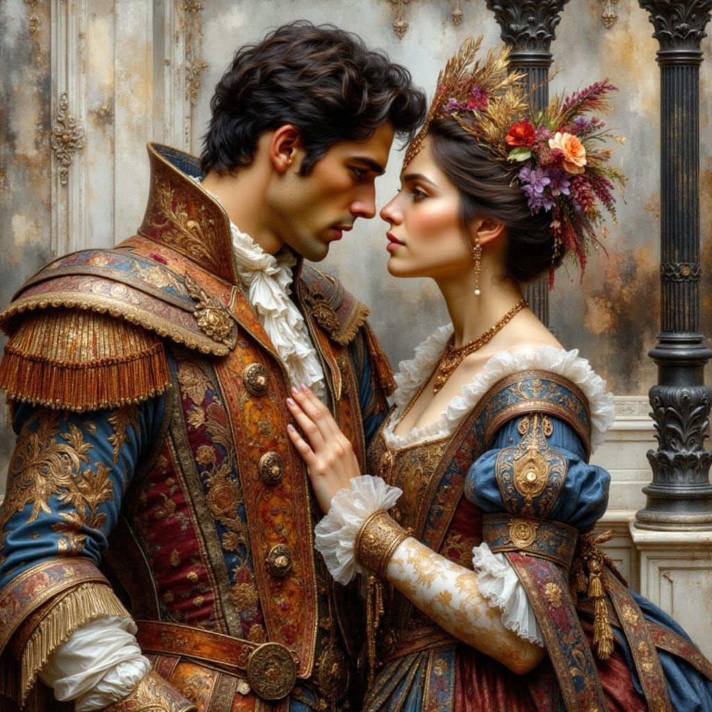 Italian Lovers in Venice as Impasto Oil Painting