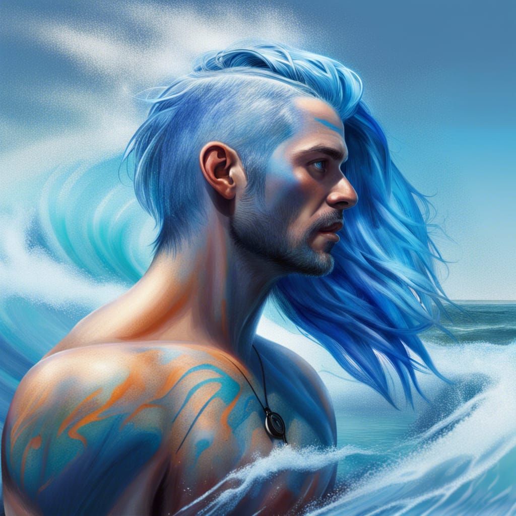 Nordic Man with Blue Hair on Beach