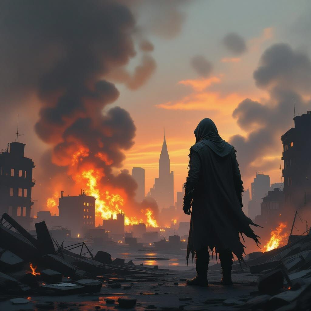 Burning Cityscape Silhouette in Hyperrealistic Style