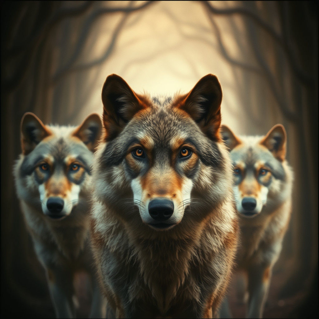 Mystical Wolves Emerging from Forest Tunnel