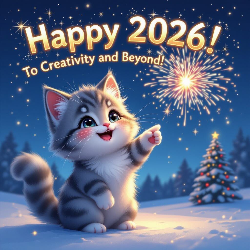 Chibi Cat Wishes Happy 2026 with Fireworks