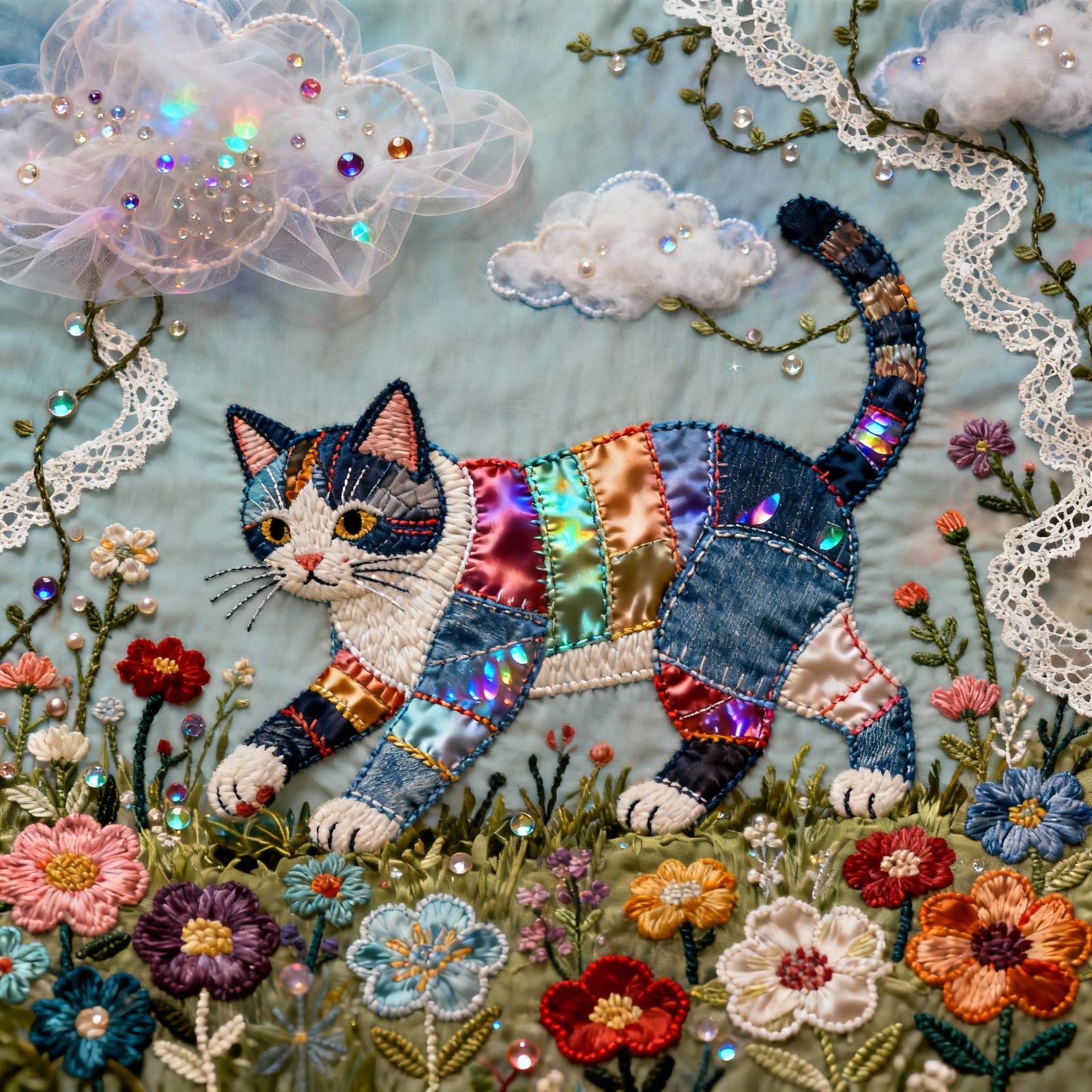 Patchwork Cat in Surreal Embroidered Garden Collage