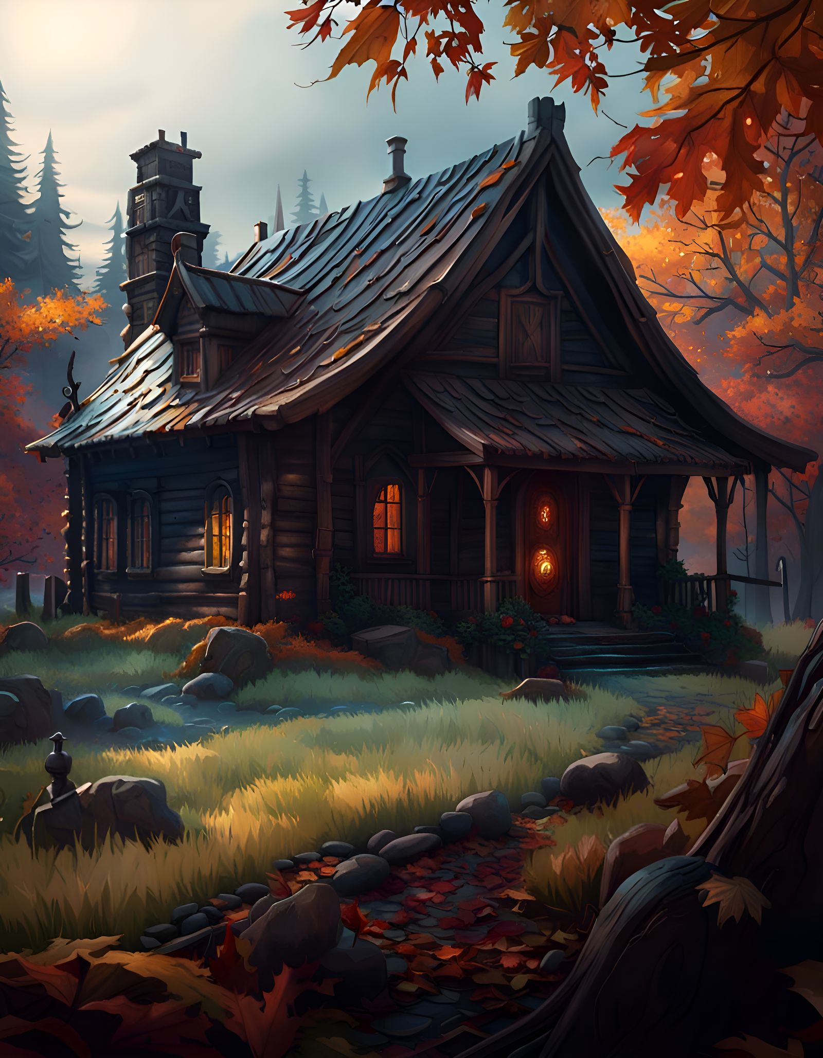 Dark Fantasy Cabin in Autumnal Sunlight
