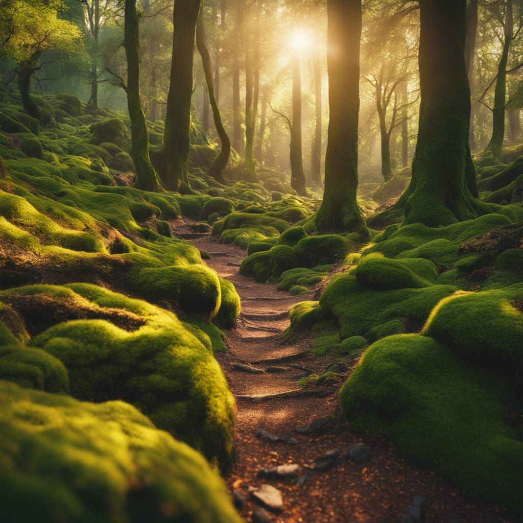 Ancient Forest Path in Golden Hour