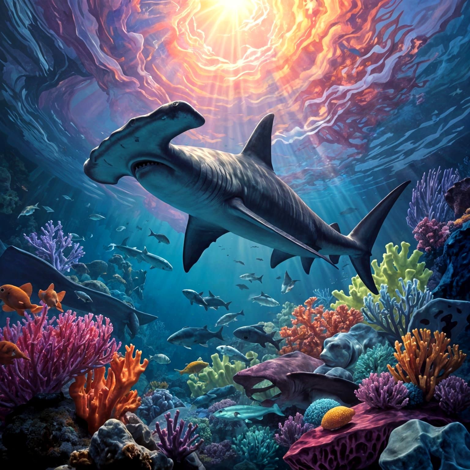 Hammerhead Shark Above Coral Reef in Retro Style