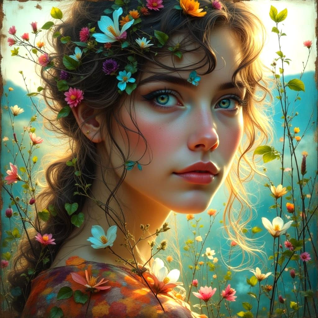 Hyperrealistic Woman's Portrait in Nature with Vivid Colors