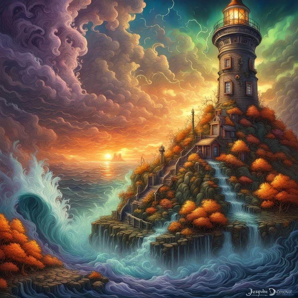 Chaotic Autumn Lighthouse Fountain in Detailed Line Art