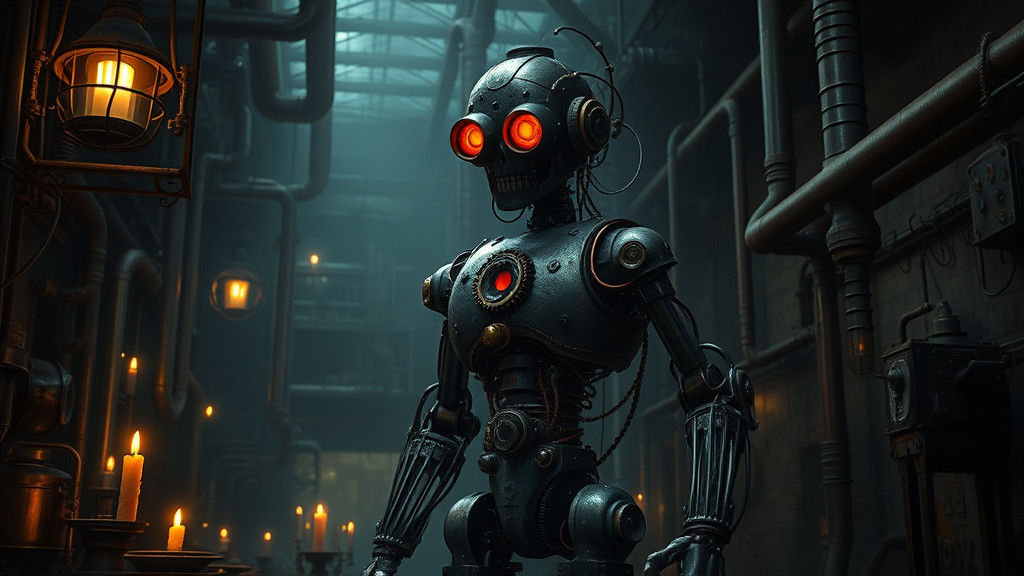 Eerie Steam-Powered Robot in Victorian Factory