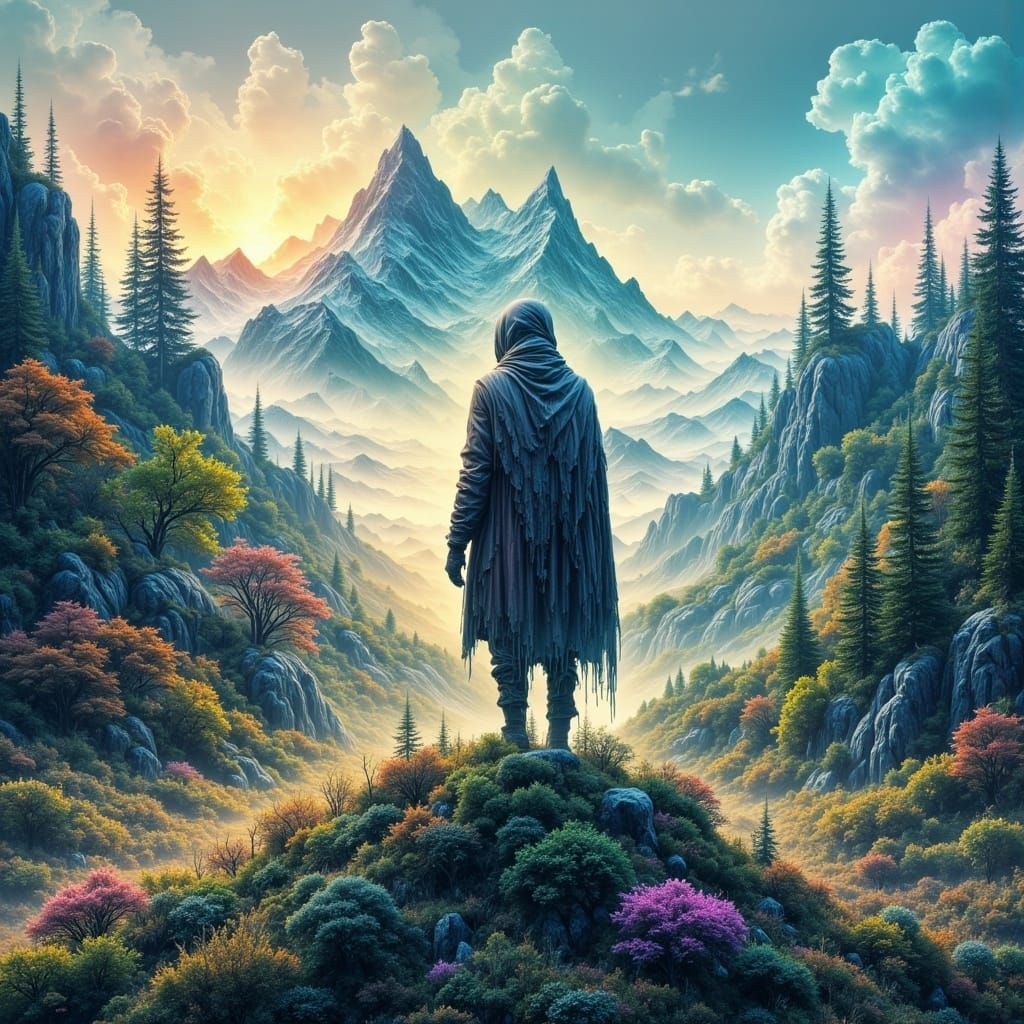 Guardian of Enduring Mountains in Vibrant Abstract Reality