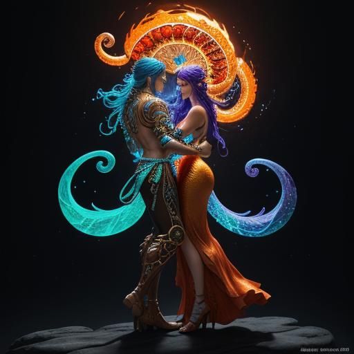 Fire Couple Dancing Among Bioluminescent Crystals