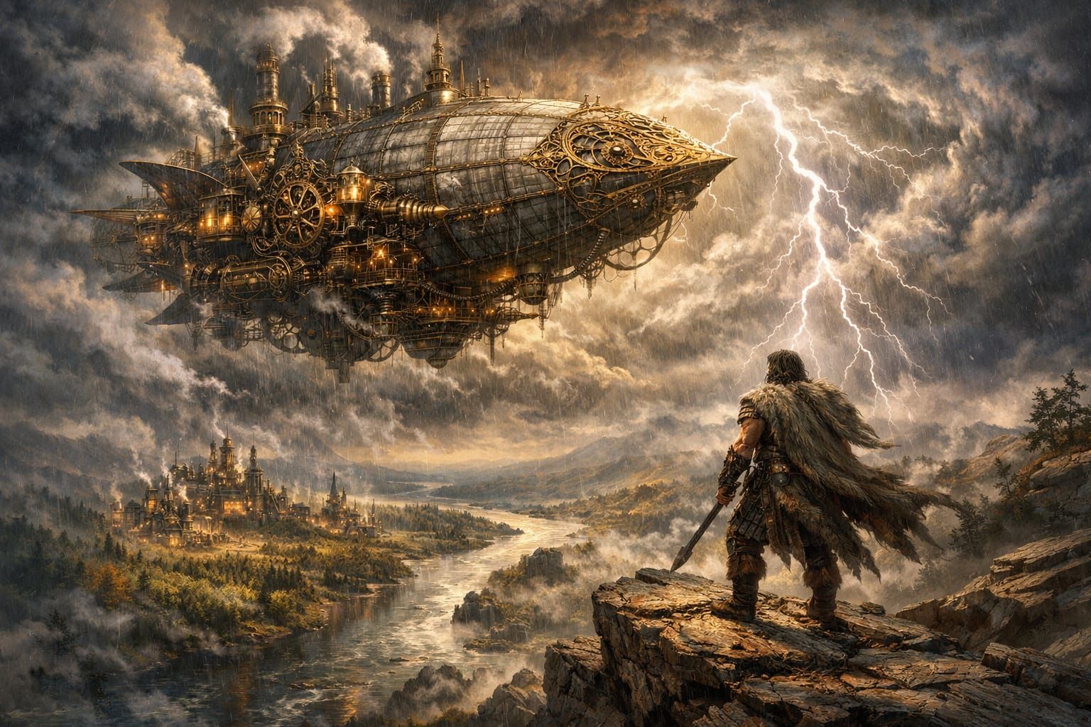 Steampunk Airship Over Stormy Valley with Barbarian