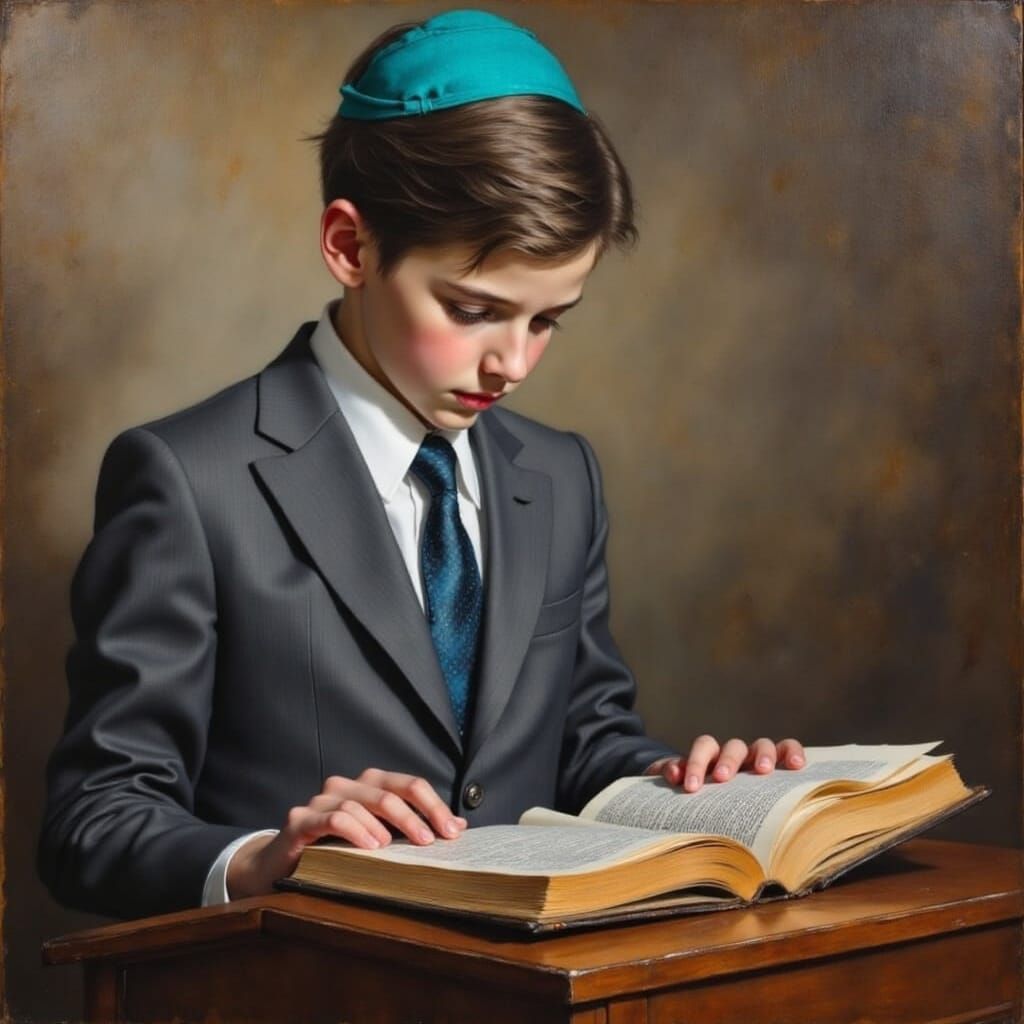 Boy Reads Torah at Podium, Academic Art Matte Oil Painting