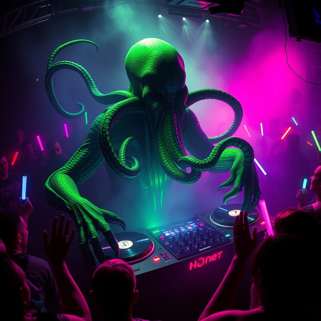 Cthulhu as Rave DJ in Dark Industrial Style