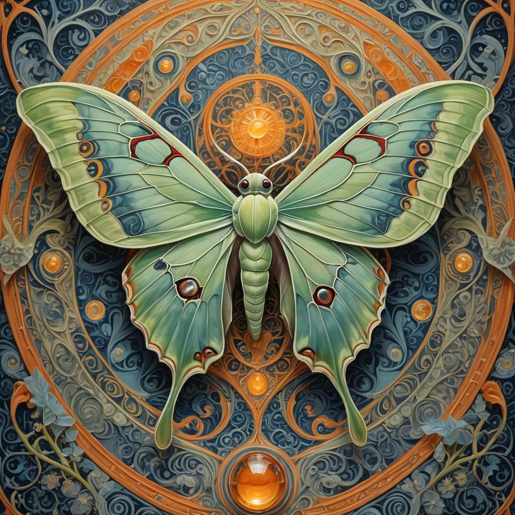 Luna Moth on Glowing Orb: Surreal Digital Art
