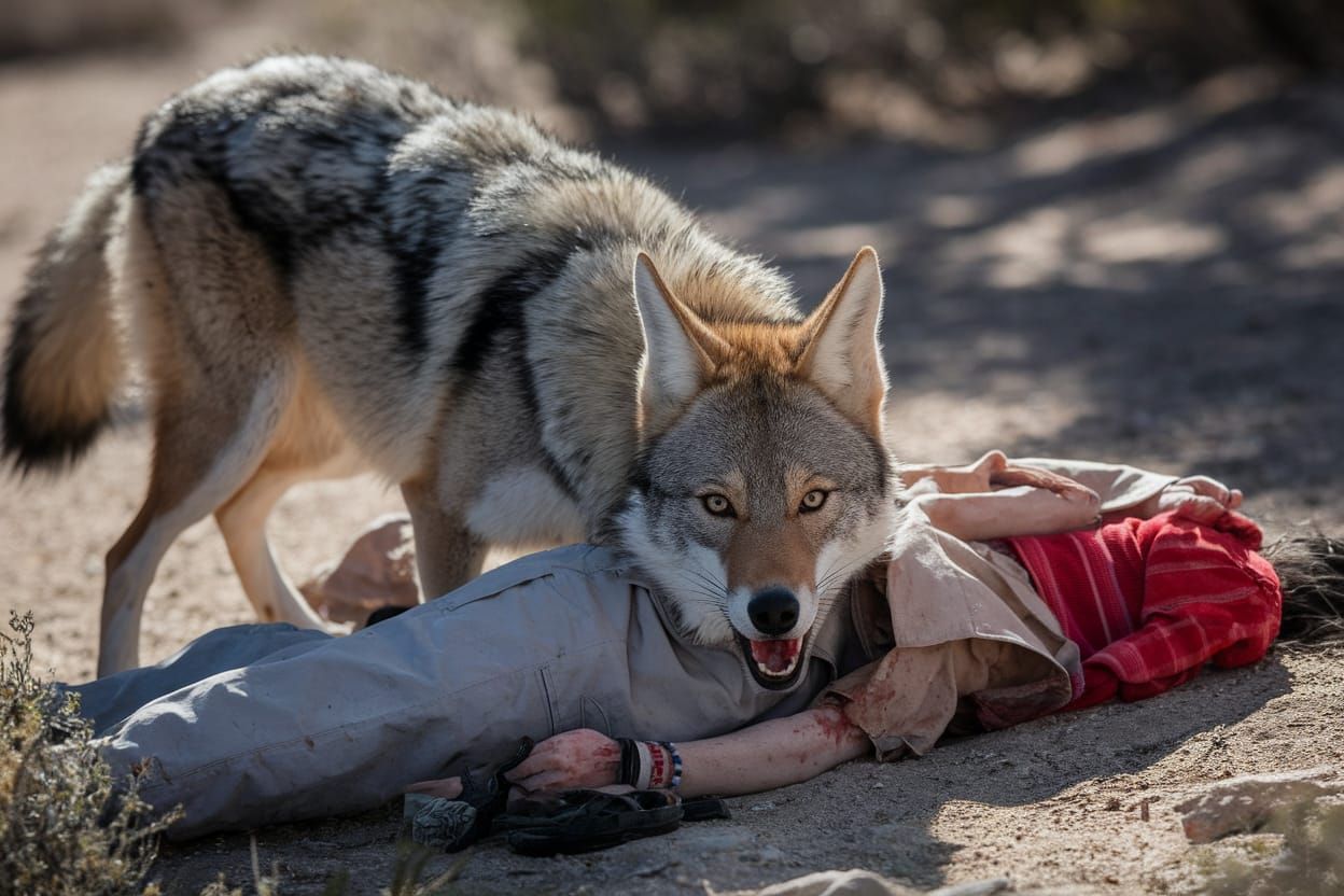 Coyote Licking Wounds in a Harsh Desert Landscape