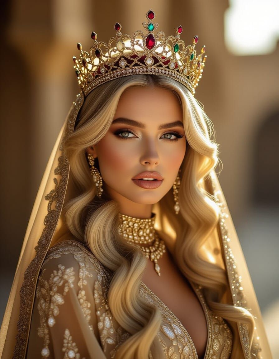 Majestic Princess in Luxury Abaya at Golden Hour