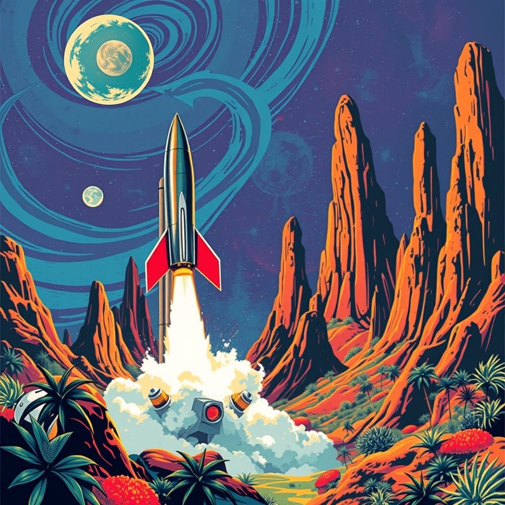 Retro-Futuristic Rocket Launch on Alien Planet