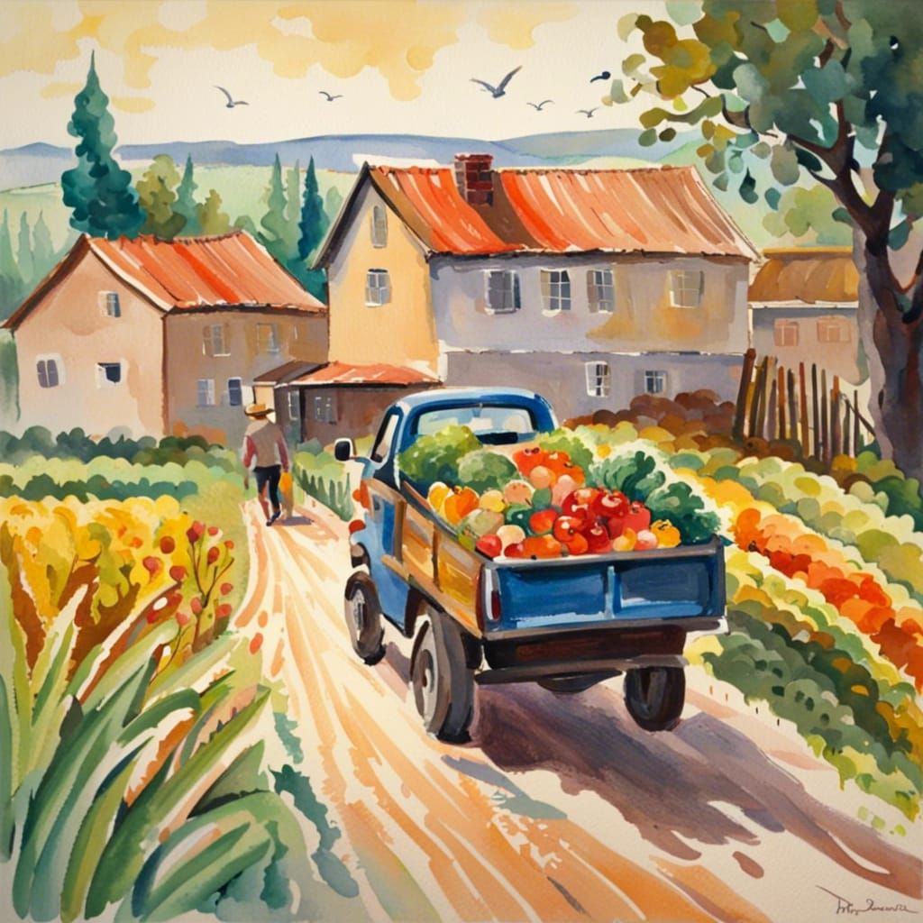 Gouache Painting of Countryside Farms and Houses