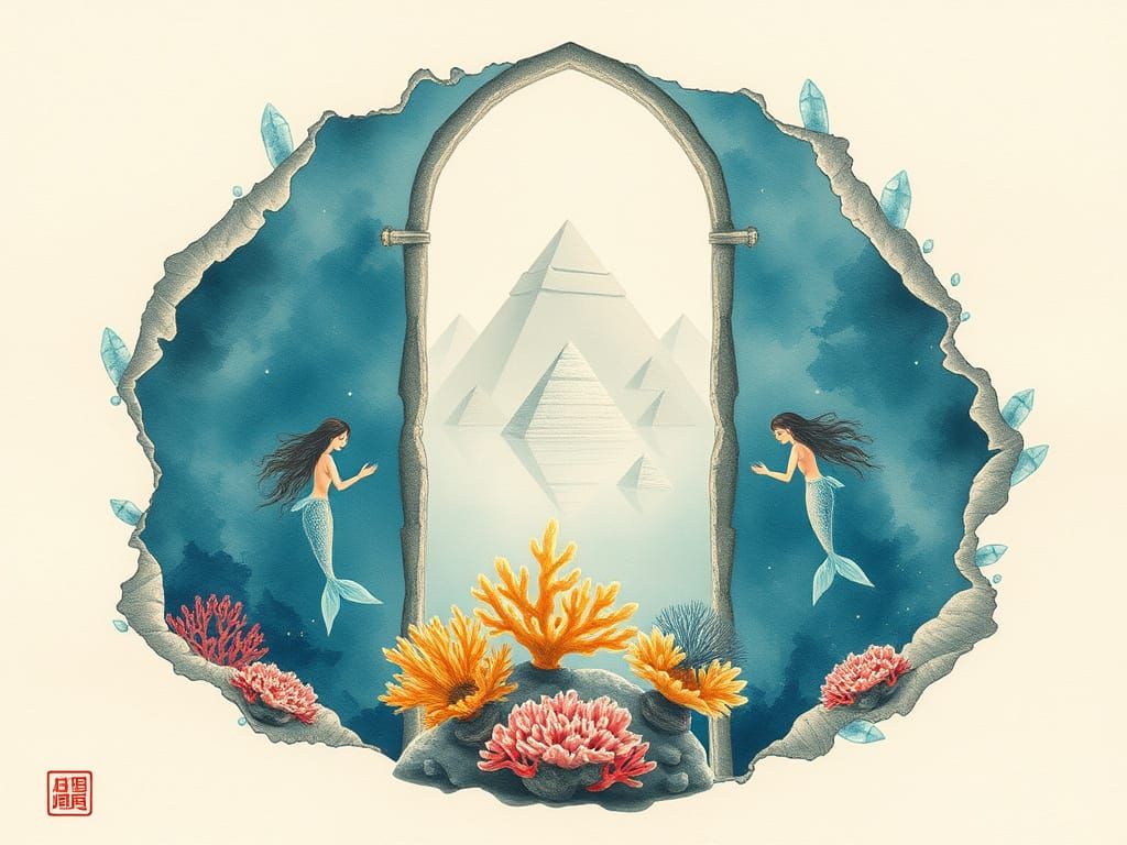 Surreal Whimsical Mermaids in Traditional Chinese Ink Style