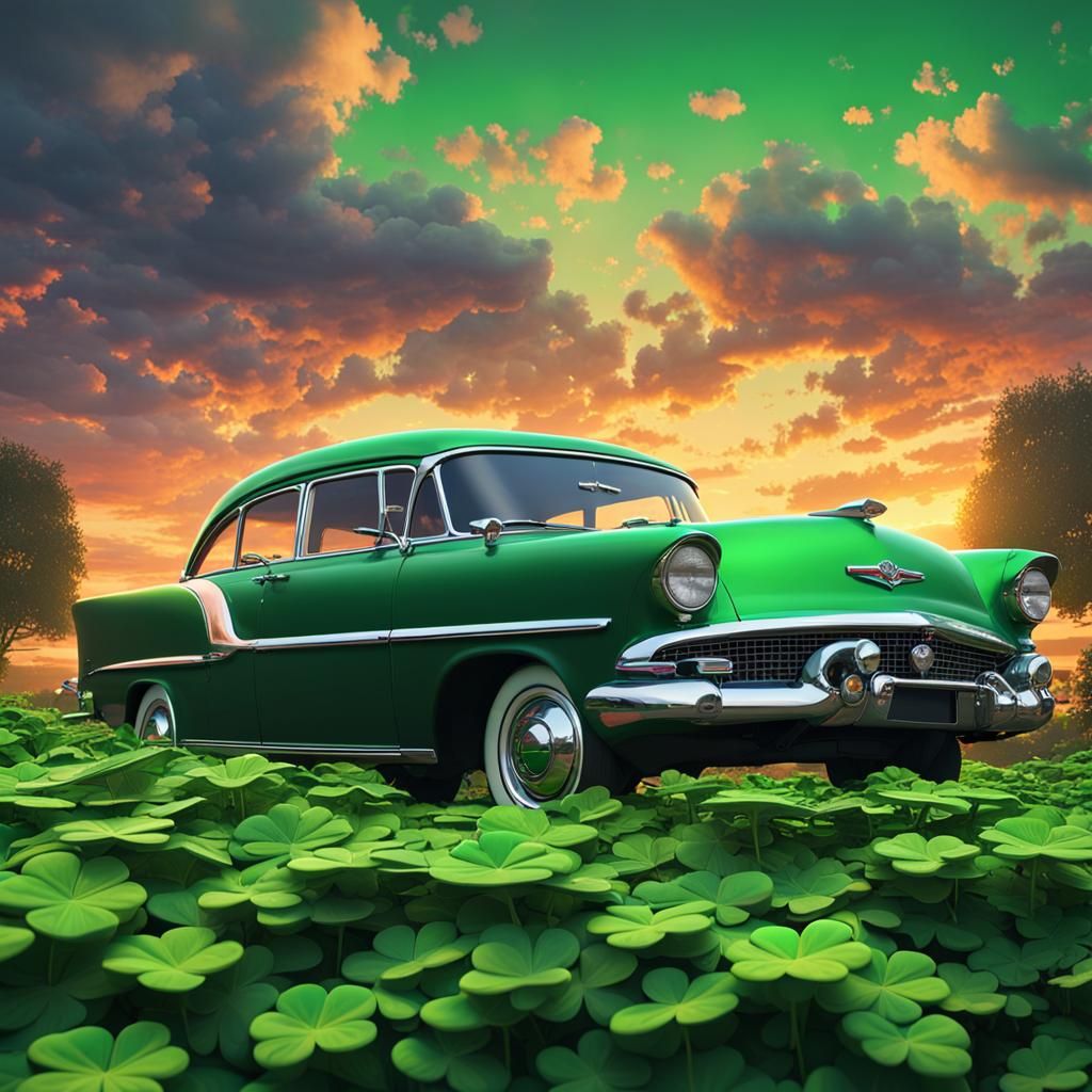 Classic Cars in Shamrock Field: Fantasy Concept Art